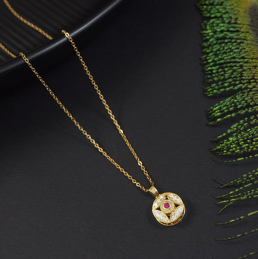 Stainless Steel Gold Plated Minimalist Pink Diamond Spinning Pendent Necklace