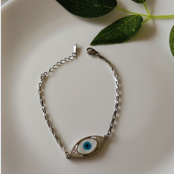 Silver Plated Stainless Steel Evil Eye CZ Chain Bracelet