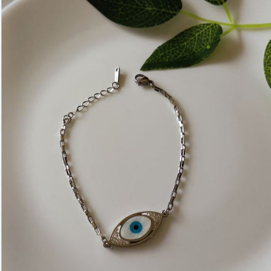 Silver Plated Stainless Steel Evil Eye CZ Chain Bracelet