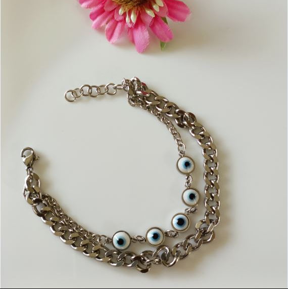 Silver Plated Stainless Steel Evil Eye Chain Bracelet