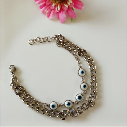 Silver Plated Stainless Steel Evil Eye Chain Bracelet