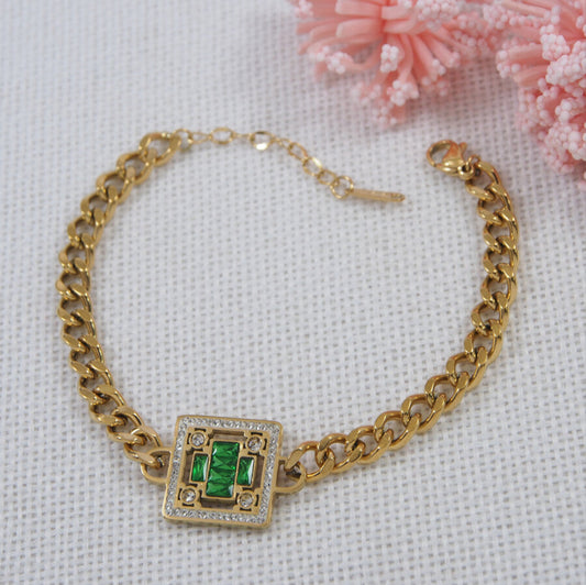 Stainless Steel Gold Plated Fashion Trendy Chunky Cuban Chain Square Zircon Charm Bracelet