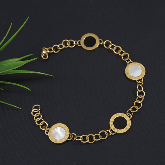 Stainless Steel Gold/Silver Plated Black and White Disc Charm Bracelet