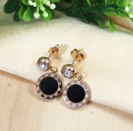 Stainless Steel Rosegold Plated Roman Numerals Black Disc Earring