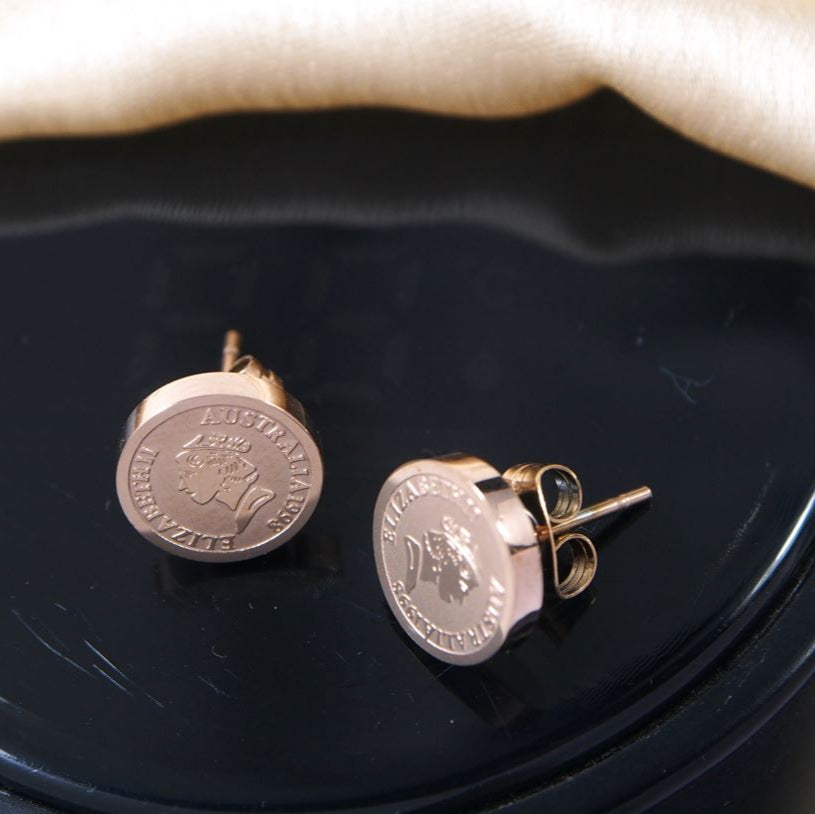 Stainless Steel Rosegold Plated Queen Elizabeth Portrait Coin Stud Earring