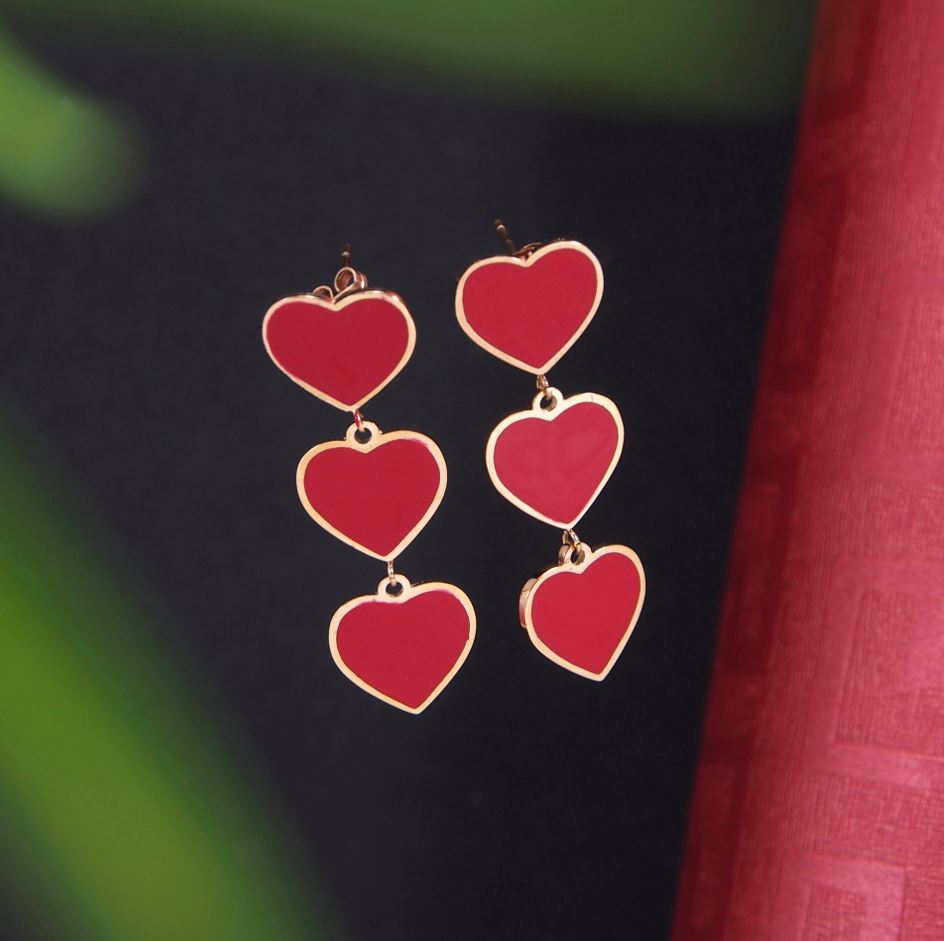 Stainless Steel Rosegold Plated Three Red Hearts Dangle Earring
