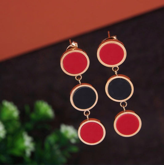 Stainless Steel Rosegold Plated Three Disc Red &amp; Black Coloured Earring