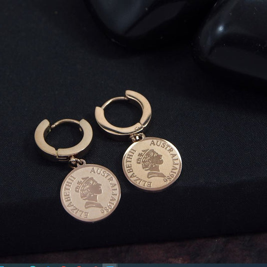 Stainless Steel Rosegold Plated Queen Elizabeth Potrait Hoops Earring