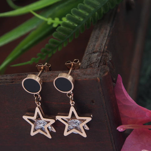 Stainless Steel Rosegold Plated Star Shaped CZ Drop Earring