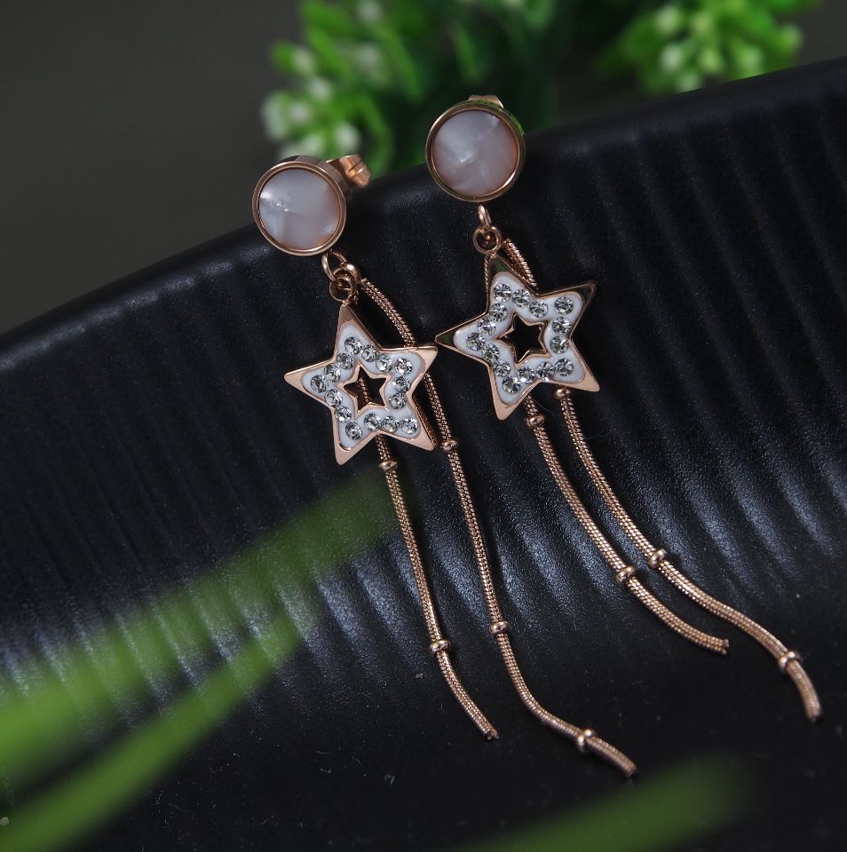 Stainless Steel Rosegold Plated Star Designed Chain Earring