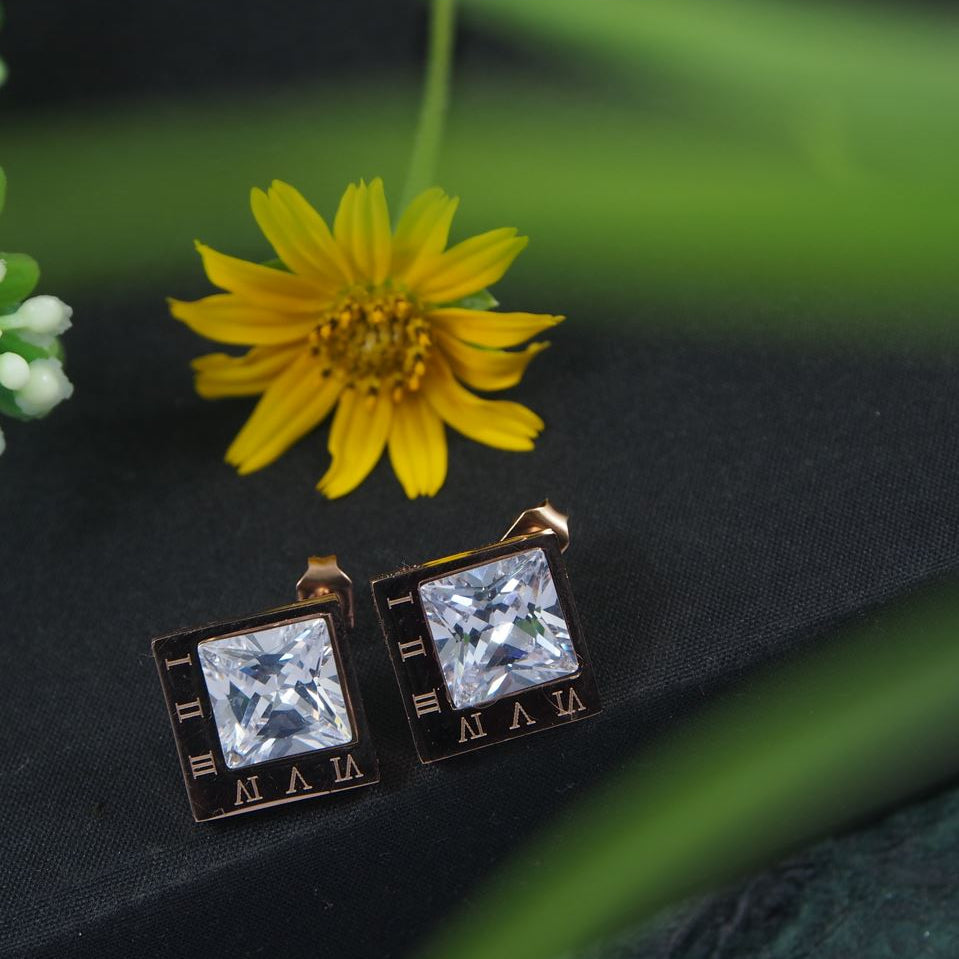 Stainless Steel Rosegold Plated Square Shaped Roman Numerals Stud Earring