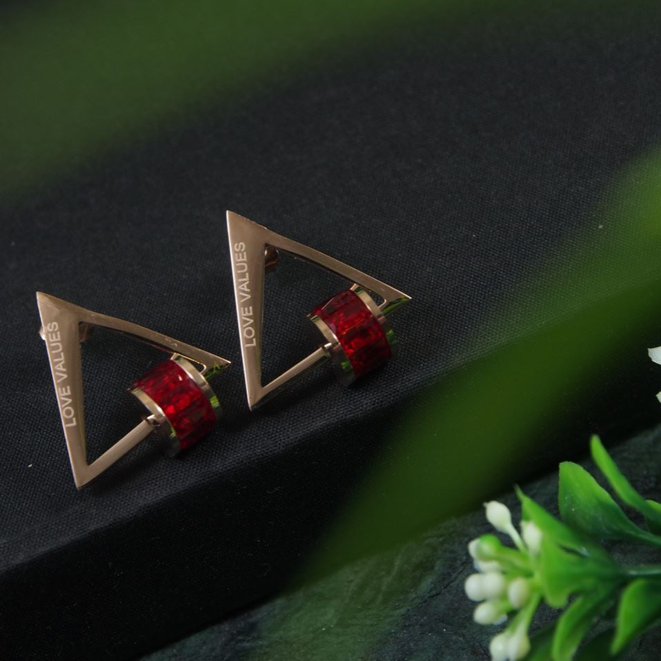 Stainless Steel Rosegold Plated Triangle Shaped Red Coloured Ring Drop Earring