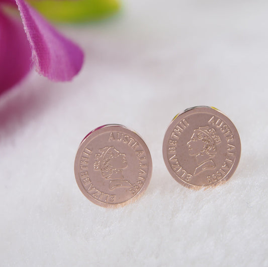 Stainless Steel Rosegold Plated Queen Elizabeth Coin Shaped Stud Earring