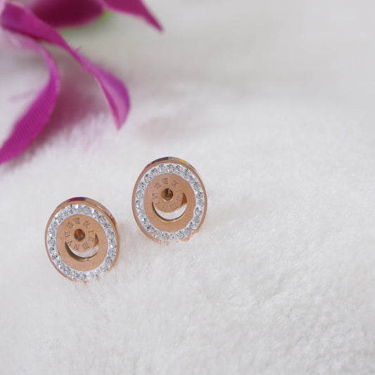Stainless Steel Rosegold Plated Roman Numerals Half Moon Shaped Stud Earring