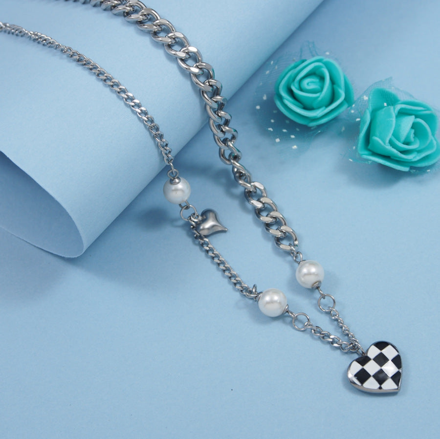 Stainless Steel Silver Plated Checkered Heart Shaped Charm Necklace