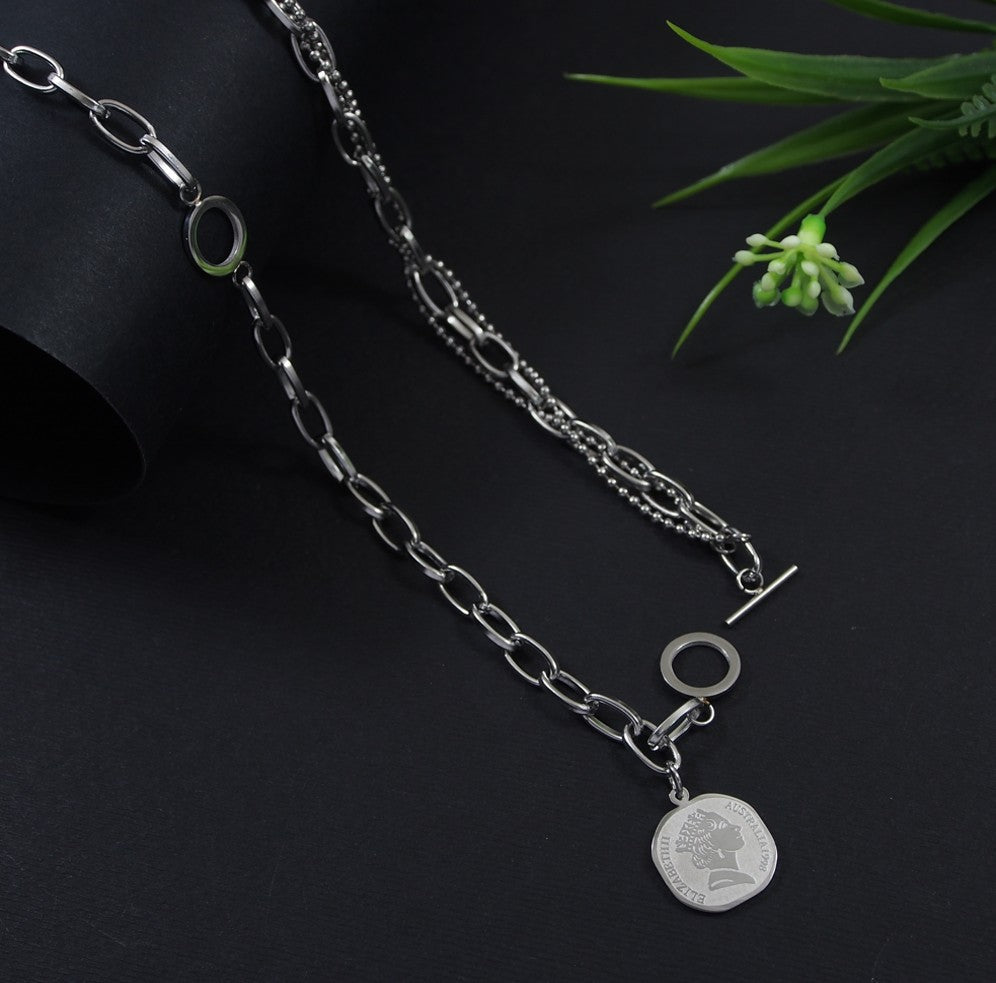 Stainless Steel Silver Plated Thick Chain Double Layered Elizabeth Coin Necklace