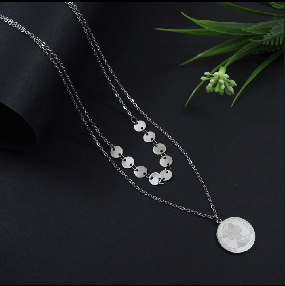Stainless Steel Silver Plated Double Layered Elizabeth Coin Pendant Necklace