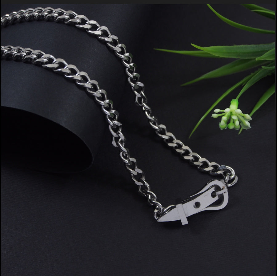 Stainless Steel Silver Plated Unique Belt Buckle Pendant Chain Necklace