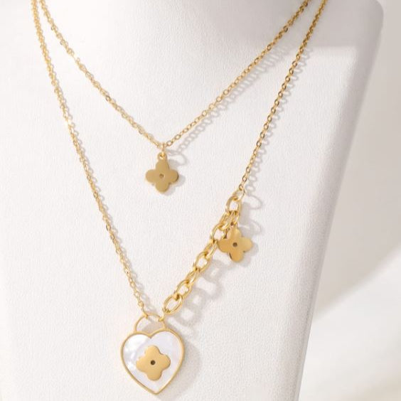Stainless Steel White Shell Heart Haning Clover Necklace